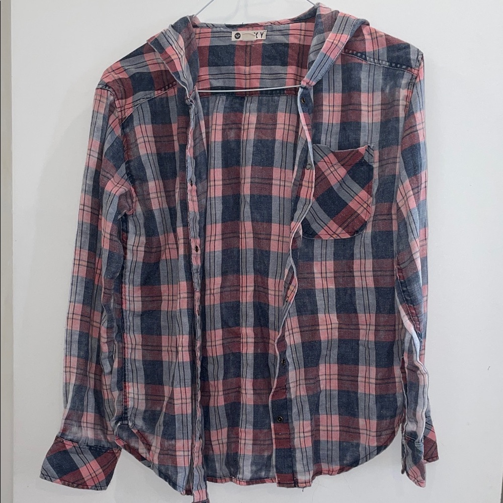 Pink and Blue Plaid Hooded Flannel